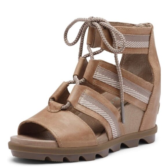Sorel Shoes - Sorel Joanie ll Lace Webbing Ash Brown Open Toe Cut Out Wedge Heel Sandal 8